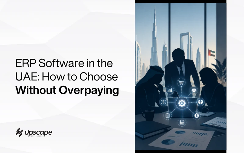 “ERP software in the UAE” graphic showing business professionals reviewing digital finance icons, Dubai skyline, and Burj Khalifa.