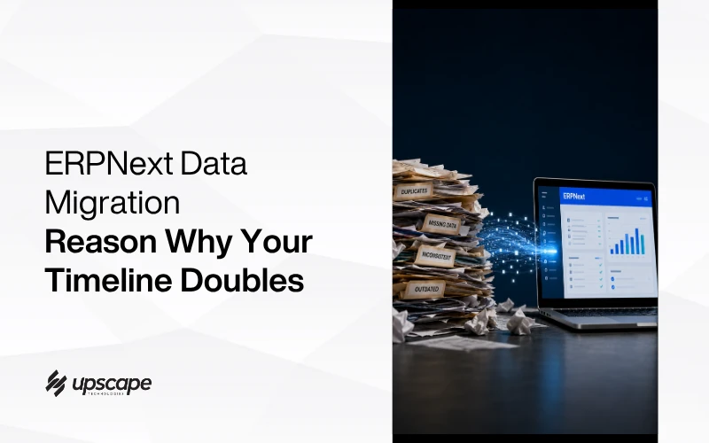 ERPNext data migration graphic: stacked paper files beside a laptop dashboard, illustrating why migration timelines double; professional, cautionary tone.