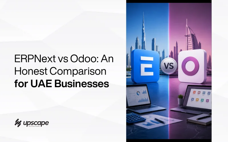 Graphic comparing ERPNext and Odoo for UAE businesses, with a split blue-purple Dubai skyline, software icons, and laptops.