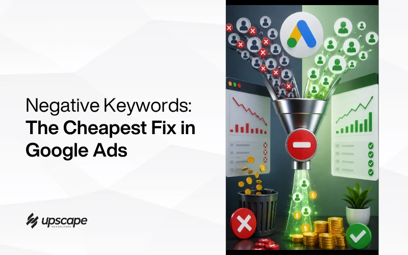 Graphic titled “Negative Keywords: The Cheapest Fix in Google Ads,” showing a funnel filtering bad traffic, wasted coins, and approved users with green checks.