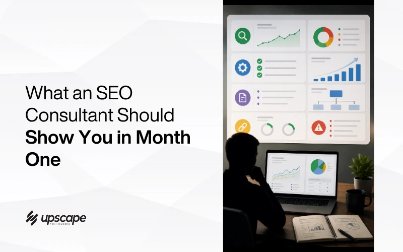 Promotional graphic: “What an SEO Consultant Should Show You in Month One,” with a silhouetted analyst viewing SEO dashboards on a computer.