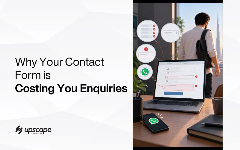 Graphic reading “Why Your Contact Form is Costing You Enquiries,” with laptop contact form, chat icons, and person using phone; business tone.