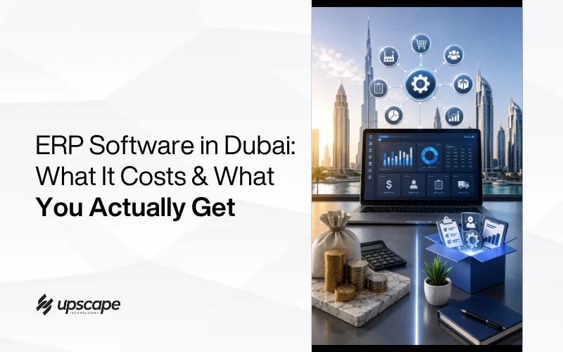 ERP software in Dubai cost guide: headline beside a laptop dashboard, coins, calculator, plant, documents, and futuristic city skyline.