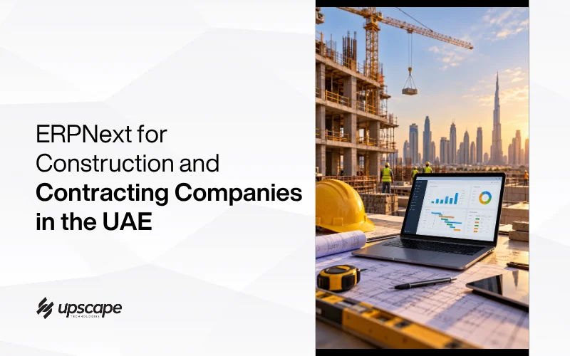 ERPNext for UAE construction and contracting companies, shown beside an active building site with plans, a hard hat, laptop dashboard, and city skyline at sunset.