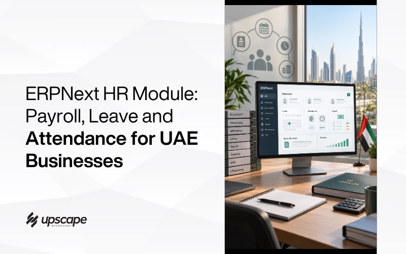 Promotional graphic for ERPNext HR Module: payroll, leave, and attendance for UAE businesses, with HR dashboard, desk, UAE flag, and Dubai skyline.