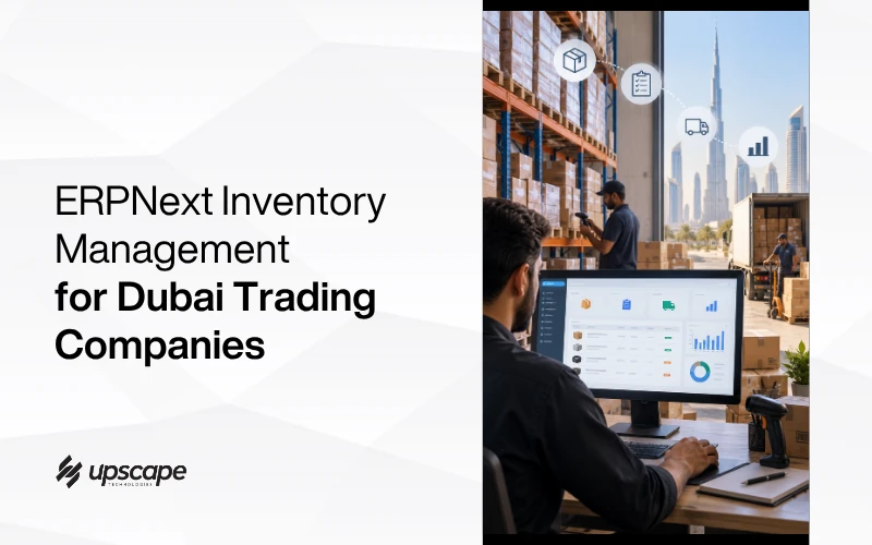 ERPNext inventory management for Dubai trading companies: warehouse staff review inventory software beside stacked boxes, with Dubai skyline visible.