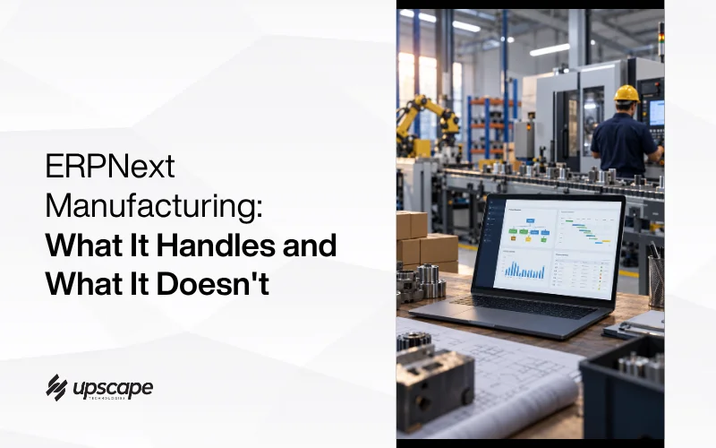 ERPNext Manufacturing guide beside a factory floor, showing a laptop dashboard, machinery, boxes, and a worker in a hard hat.