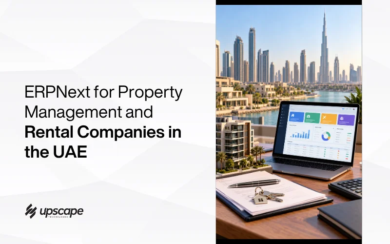 ERPNext promotion for UAE rental companies: a property dashboard on a laptop sits beside keys and paperwork, overlooking Dubai’s skyline and Burj Khalifa.