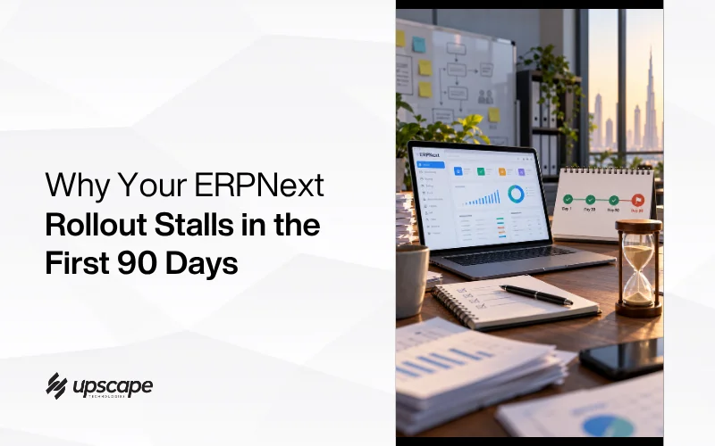 Blog graphic titled “Why Your ERPNext Rollout Stalls in the First 90 Days,” showing an analytics laptop, charts, notes, and an hourglass.