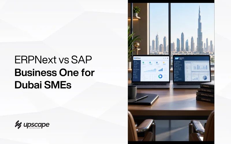 Graphic comparing ERPNext and SAP Business One for Dubai SMEs, showing software dashboards on dual monitors with Dubai’s skyline in a modern office.