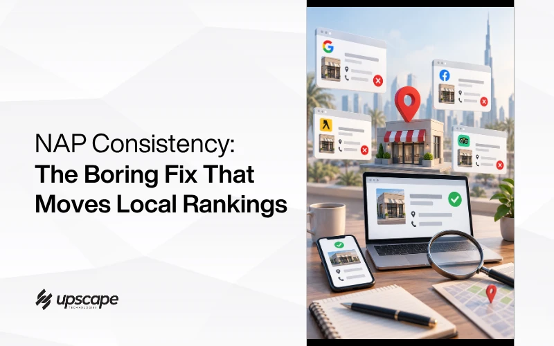 Graphic titled “NAP Consistency: The Boring Fix That Moves Local Rankings,” showing business listings, map pins, and devices with check marks.