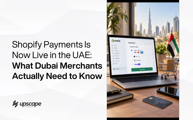 Graphic announcing “Shopify Payments Is Now Live in the UAE,” featuring a Shopify checkout laptop, Dubai skyline, UAE flag, and credit cards.