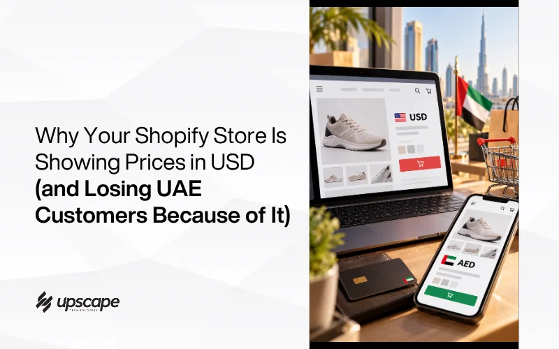 Promotional graphic reads, “Why Your Shopify Store Is Showing Prices in USD” and “Losing UAE Customers,” beside a laptop and phone showing USD and AED prices against a Dubai skyline.