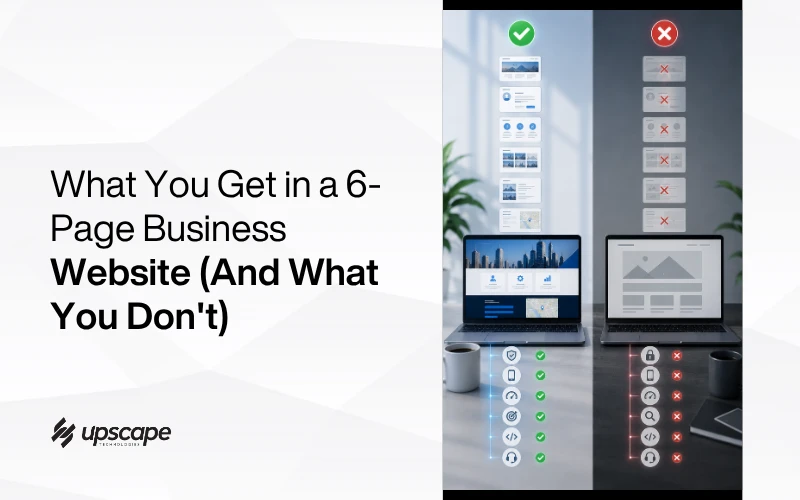 Graphic comparing a 6-page business website: left shows a polished laptop layout with green checkmarks; right shows flaws marked with red Xs.