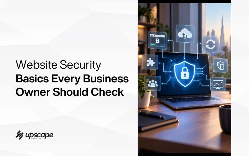 Website security basics graphic: laptop with glowing blue lock shield, cloud and network icons; professional, reassuring cybersecurity tone.