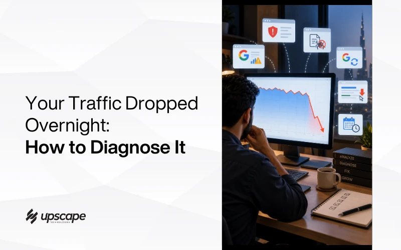 Marketing graphic: “Your Traffic Dropped Overnight: How to Diagnose It,” beside an analyst viewing a sharply declining SEO chart and search icons.