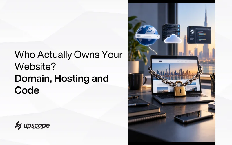 Graphic asking “Who actually owns your website?” with domain, hosting, and code; laptop locked by chain, cloud and server icons suggest digital ownership.