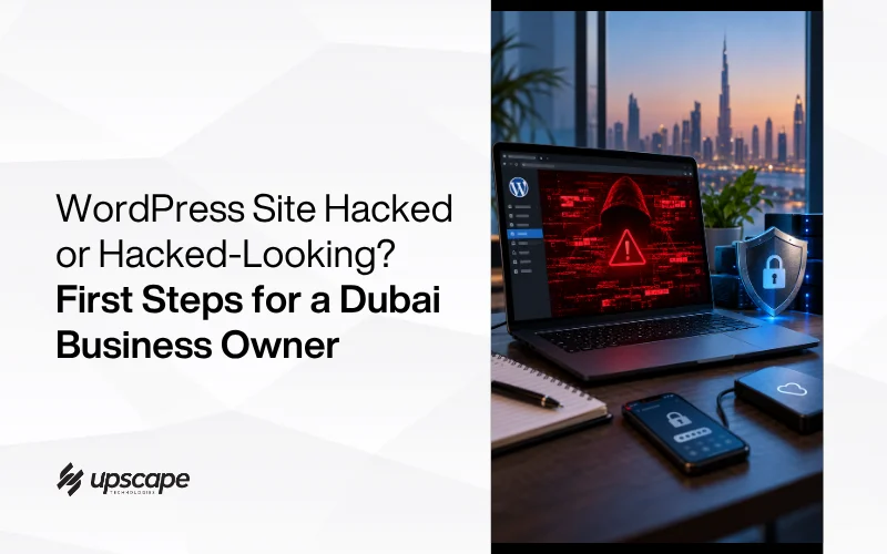 Blog graphic about a hacked WordPress site and first steps for Dubai business owners, showing a laptop warning, security locks, and Dubai skyline.
