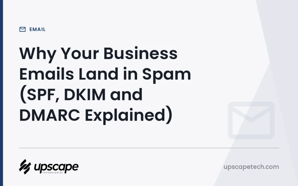 Email article title card reading "Why Your Business Emails Land in Spam (SPF, DKIM and DMARC Explained)", from Upscapetech.