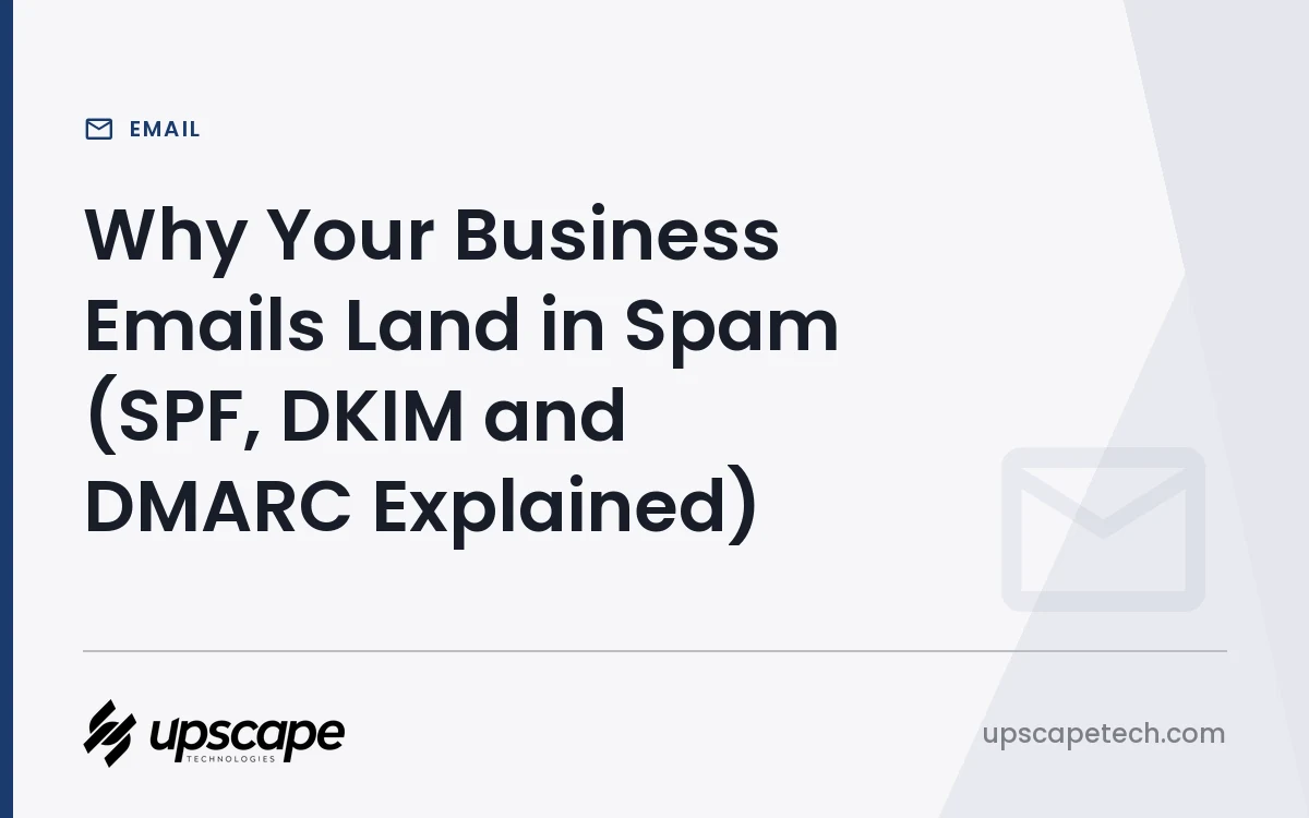 Email article title card reading "Why Your Business Emails Land in Spam (SPF, DKIM and DMARC Explained)", from Upscapetech.